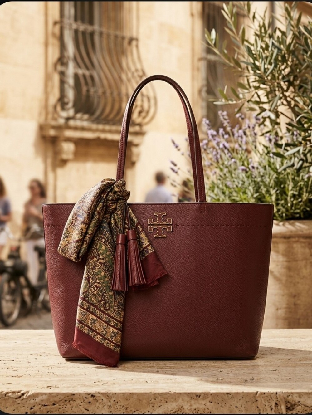 Tory Burch Wine Red Leather Tote with Tassel Scarf Very Clean None Pet Or Smoke